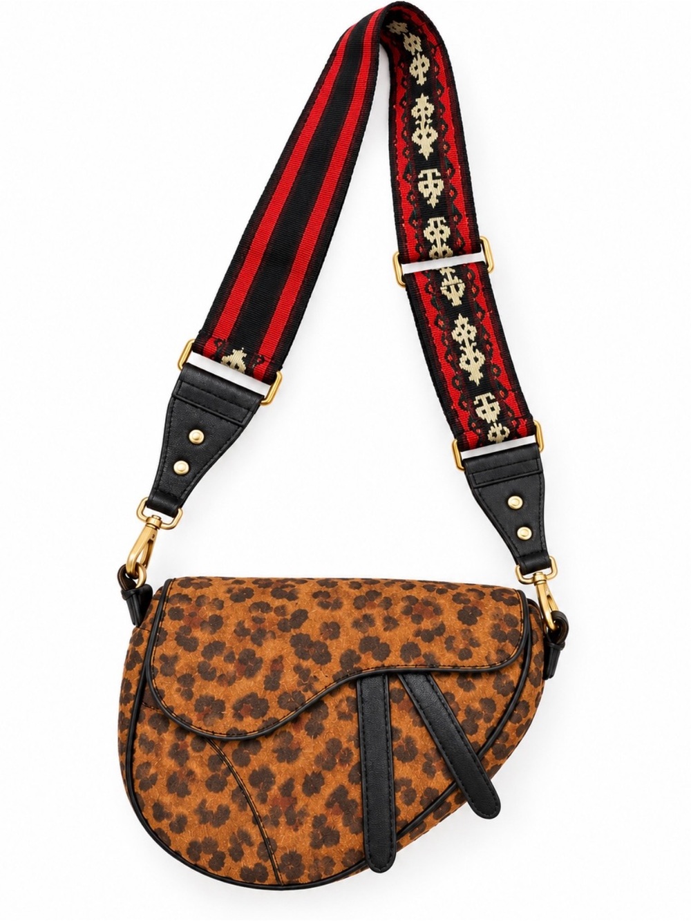 Leopard Print Saddle Crossbody Bag with Red & Black Strap